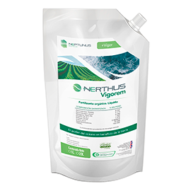 Nerthus Vigorem Fertilizante orgánico. Libera a la planta del estrés abiótico e incrementa su vigor, con el poder de los compuestos bioactivos de microalgas.